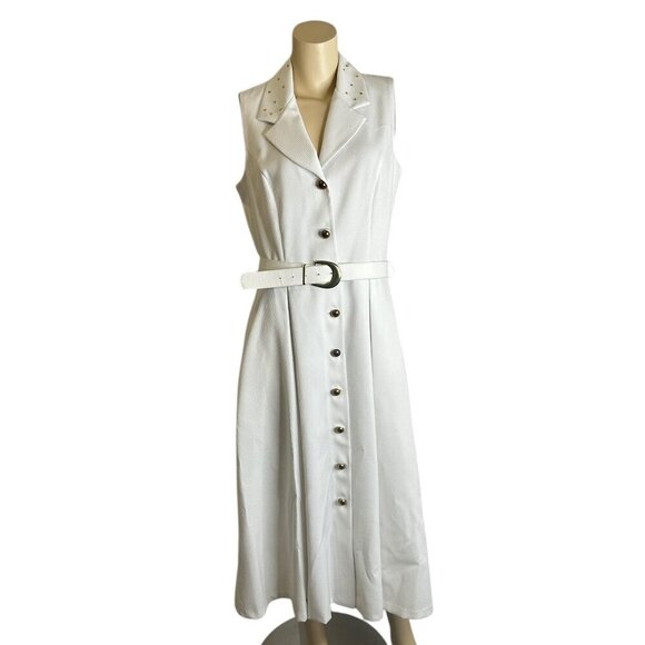 Vtg 80s White Sleeveless Button Down Midi Dress Sz 14 Belted Gold Studs Canadian - Picture 3 of 8